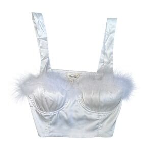 Meraki White Satin Feather Trim Corset Crop Top MT7184323XMK Womens XS
